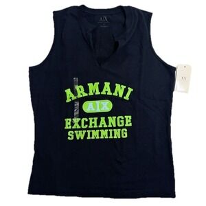 VTG Armani Exchange Women's Tank Top Navy Neon Green A/X Swimming Muscle Tee  L